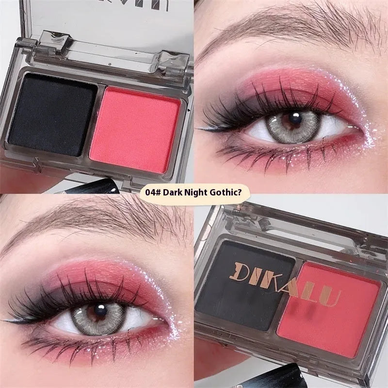 Dikalu two-tone eye shadow plate showing pink and black matte and shimmer shades in compact