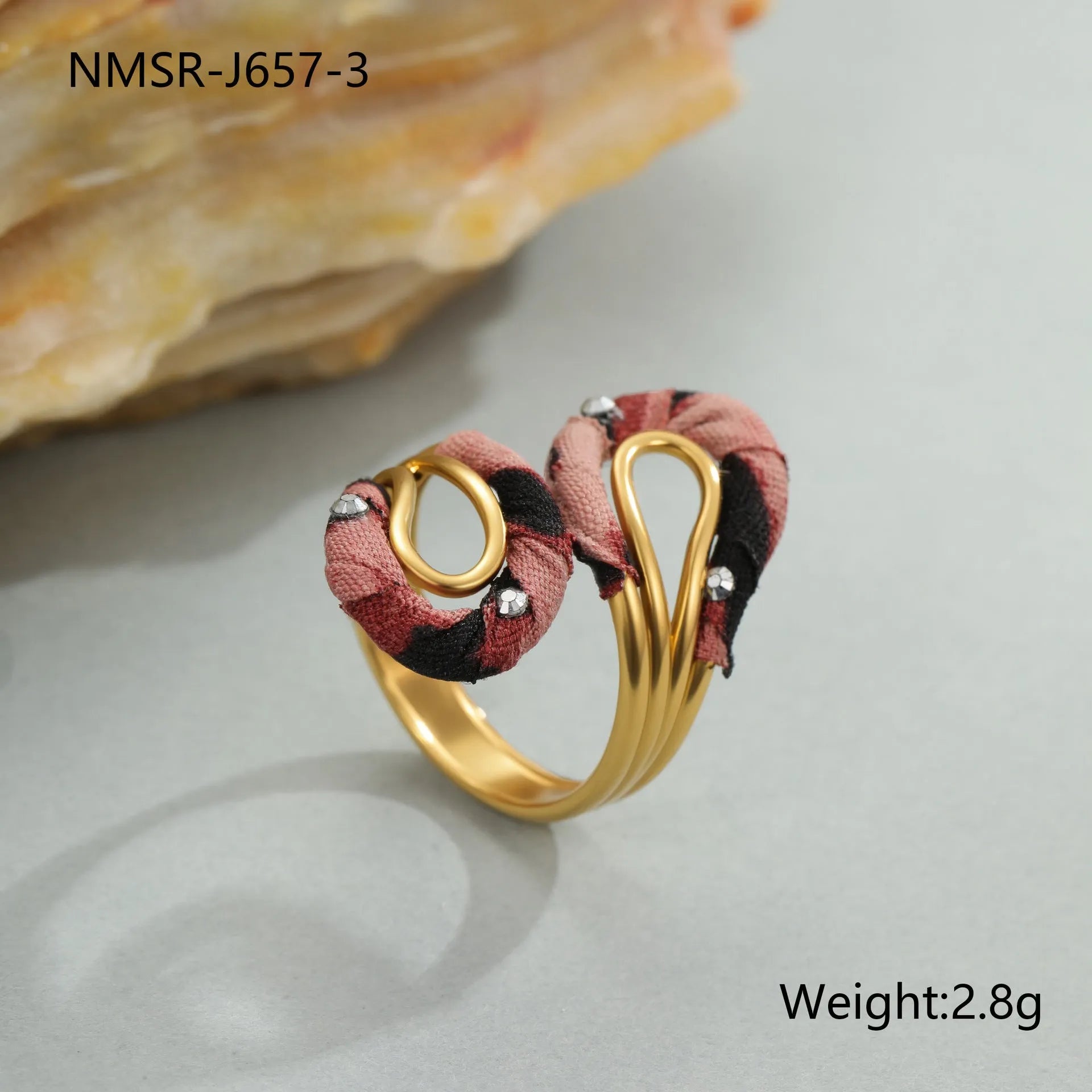 Stainless steel open mouth ring with leopard print and geometric designs including heart and star shapes