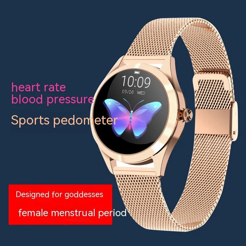 Women's multi-functional sports smartwatch showing heart rate monitoring and waterproof features