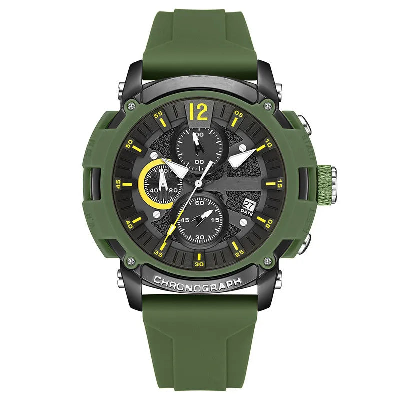 Men's multi-function digital watch with luminous display on a wrist, showing black, blue, green, orange, and red colour options.