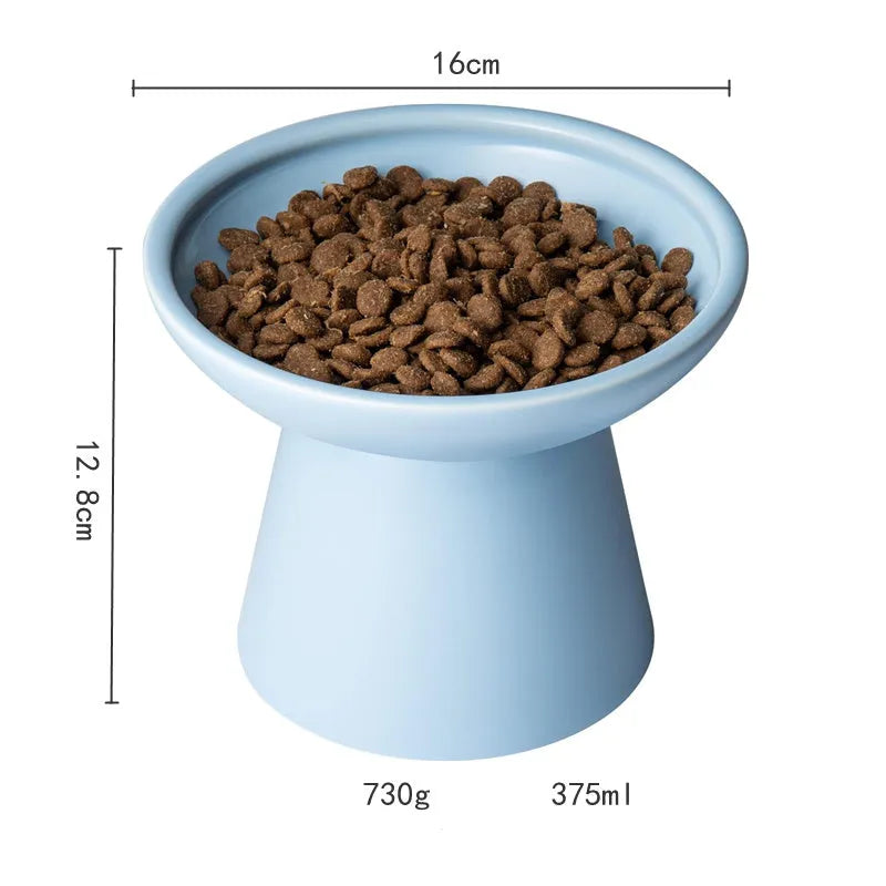 Blue elevated ceramic cat bowl with wide shallow dish on a white background.