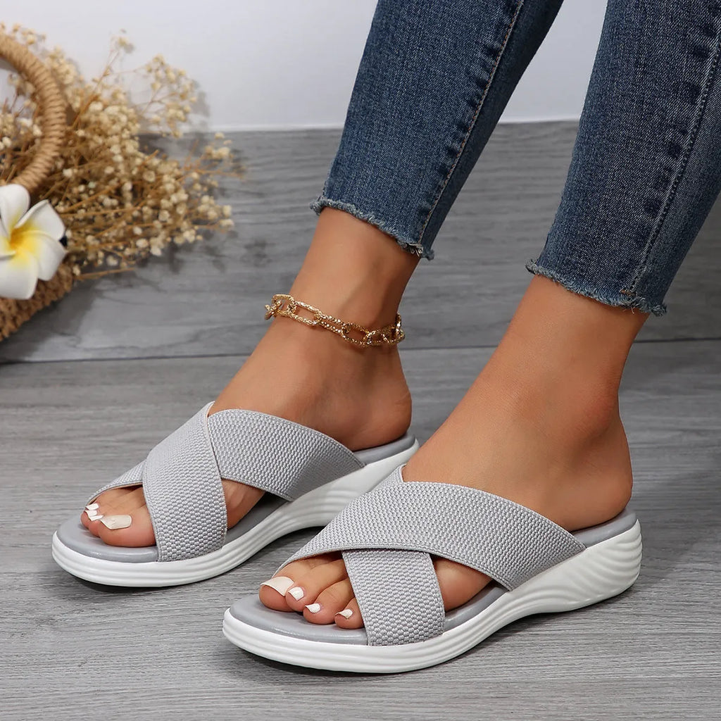 Black wedge peep-toe slippers with thick rubber sole and PVC upper for women