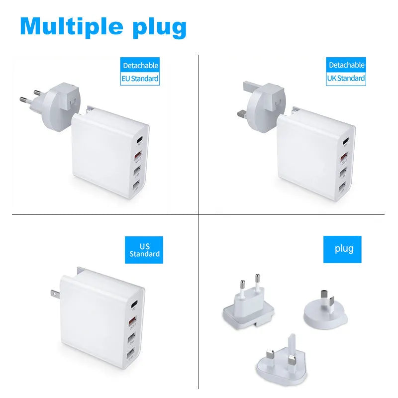 Multi-port fast wall charger with PD and QC support in black or white with international plug adapters