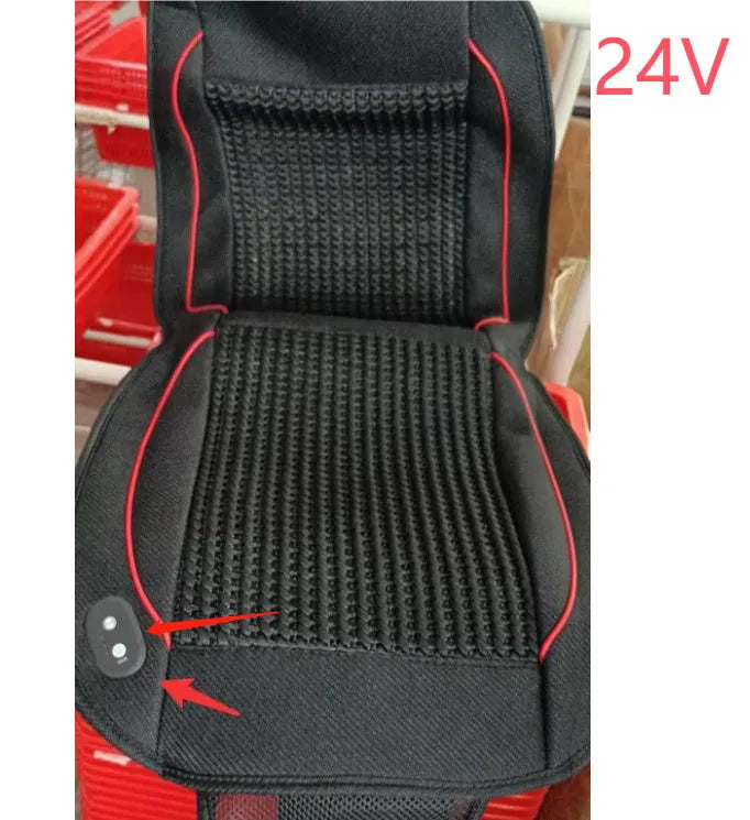 Black car ventilation seat cushion with massage function showing 60x60cm dimensions and power connection