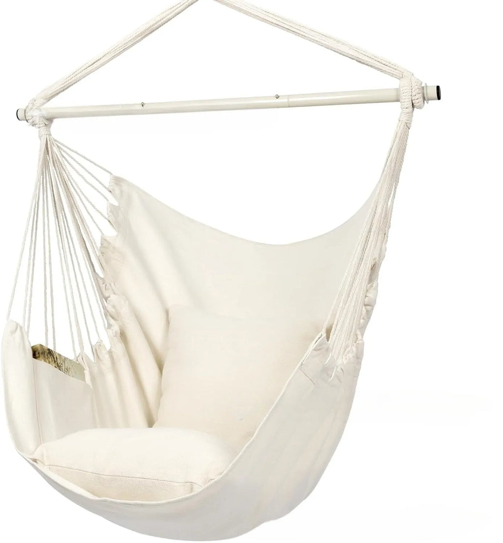 Folding canvas hammock chair with seat cushion and iron pipe in beige colour