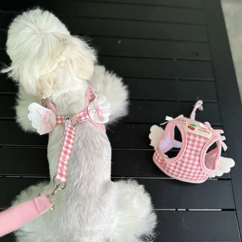 Small dog harness and lead set with chest and back attachment points in cotton material