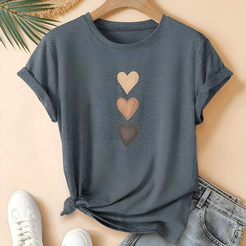 Women's art retro style printed cotton short sleeve T-shirt on a hanger.