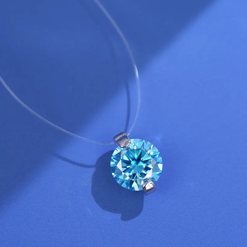 Women's S925 silver necklace with a floating moissanite plum blossom pendant on an invisible fishing line chain.