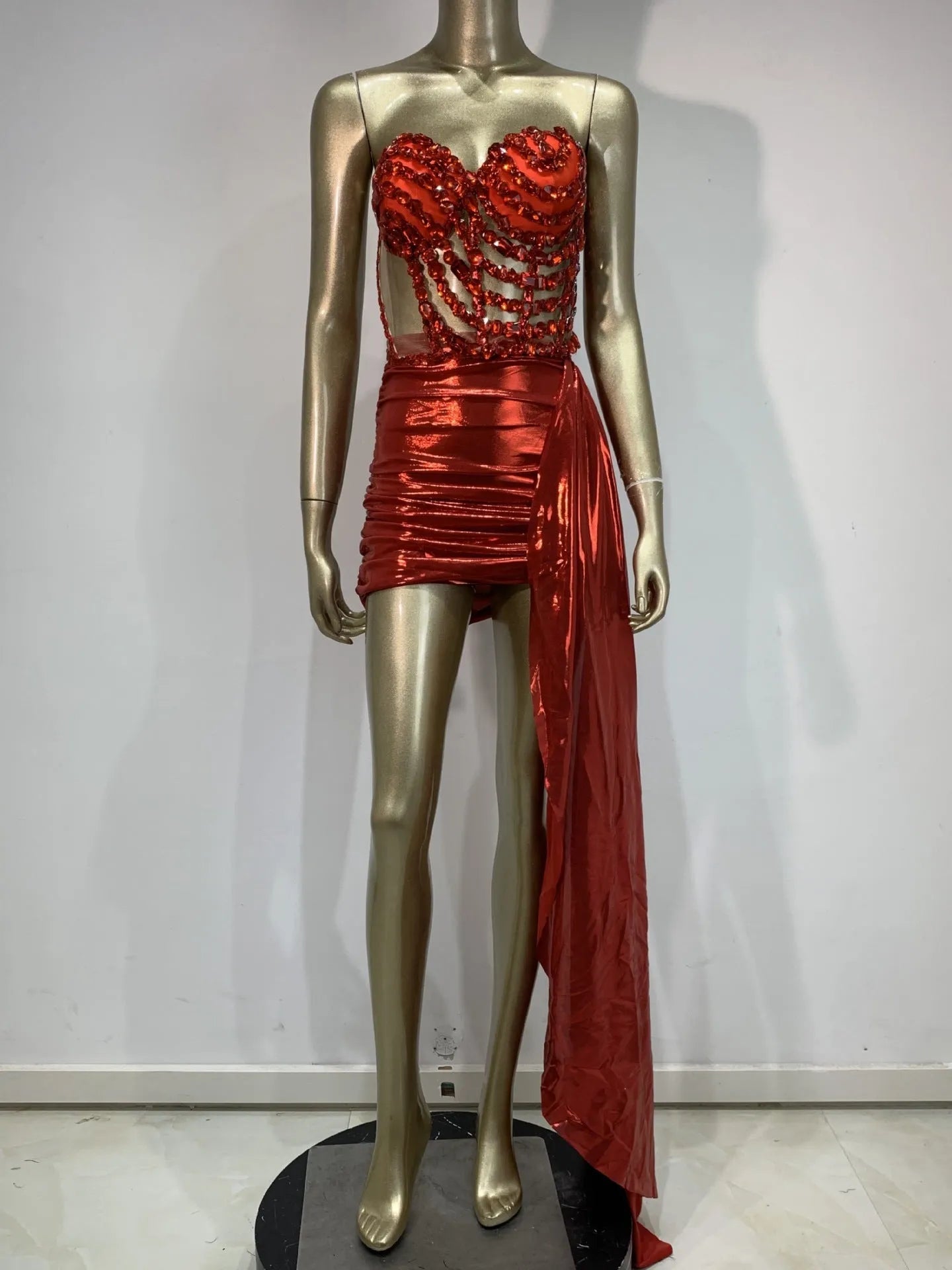 Red see-through mesh women's stage skirt suit costume for parties and performances