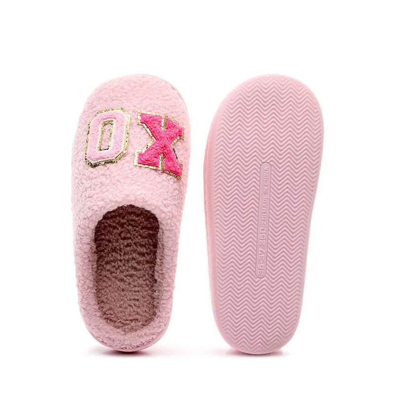 Warm grid letter cotton women's slippers in pink with artificial plush inner lining and closed toe