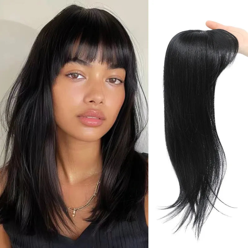 Synthetic hair clip-in wig with inner buckle fastening, shown in one of six available style colour options.