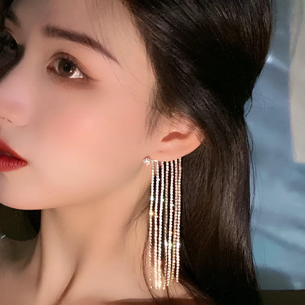 Geometric long tassel earrings in alloy with 14K real gold plated finish on ear hook