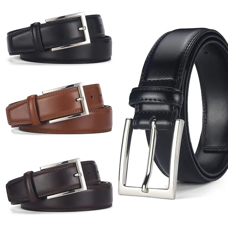 Men's genuine leather pin buckle belt in brown, showing the alloy buckle and belt length.