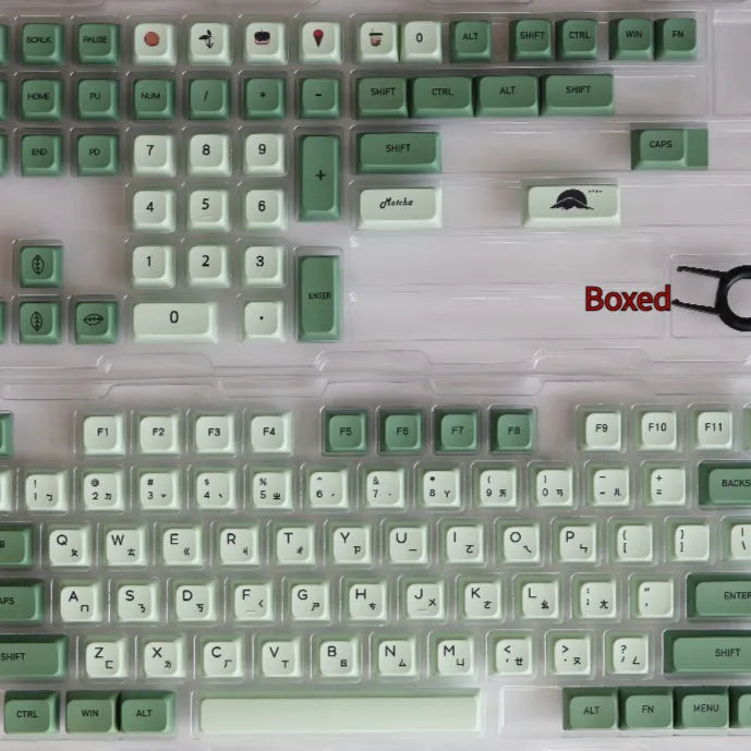 124 Key Matcha green PBT sublimation keycap set for mechanical keyboards laid out flat.