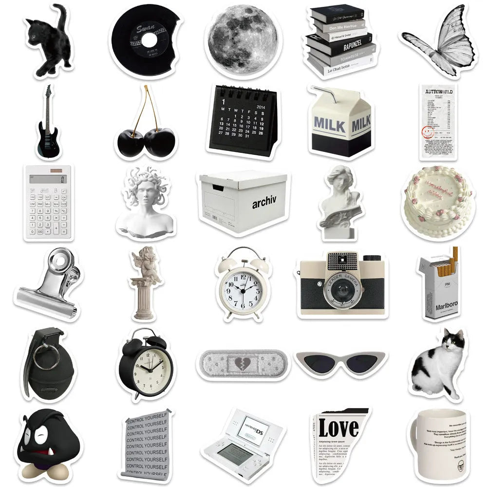 61 black and white simple design PVC waterproof stickers for laptops and phones.