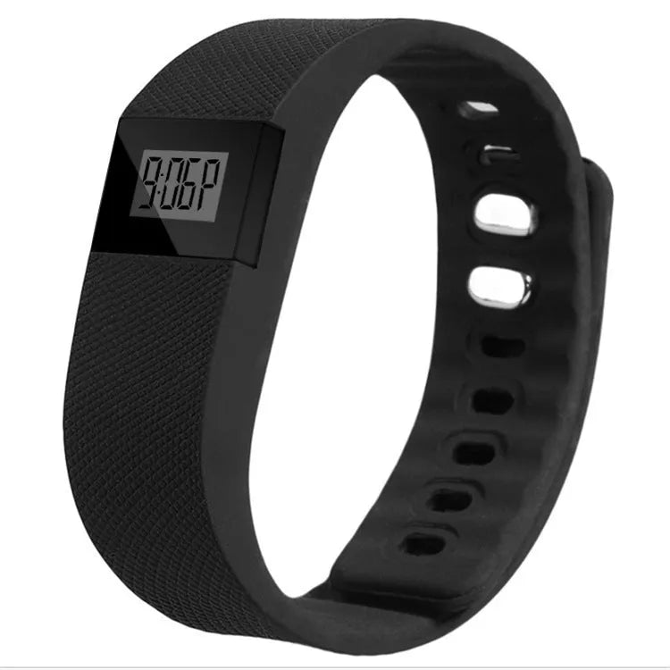 Ordinary bracelet pedometer with plastic ABS band in one of five colour options on a wrist.