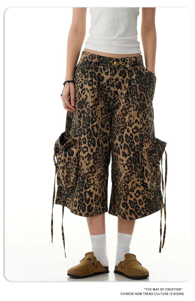 Women's leopard print cotton trousers with high waist and straight leg cropped design