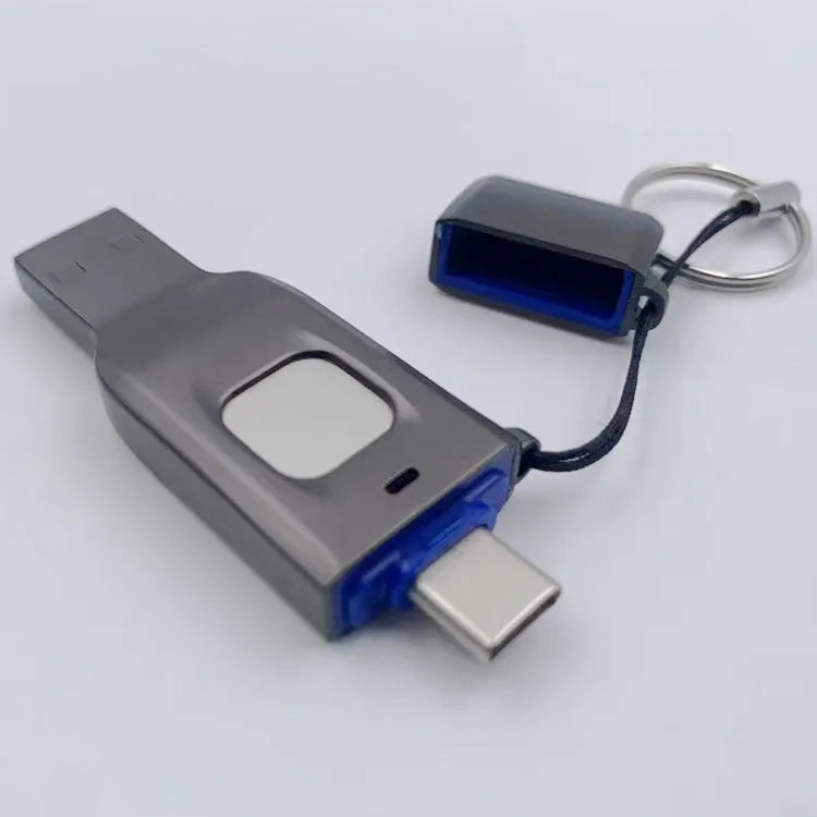 Black fingerprint encrypted USB drive showing both USB 3.0 and USB-C connectors