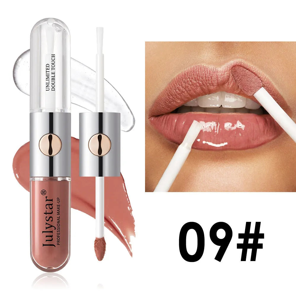 Women's lasting lip gloss tube showing 6ml content, available in nine colour style options for universal skin types