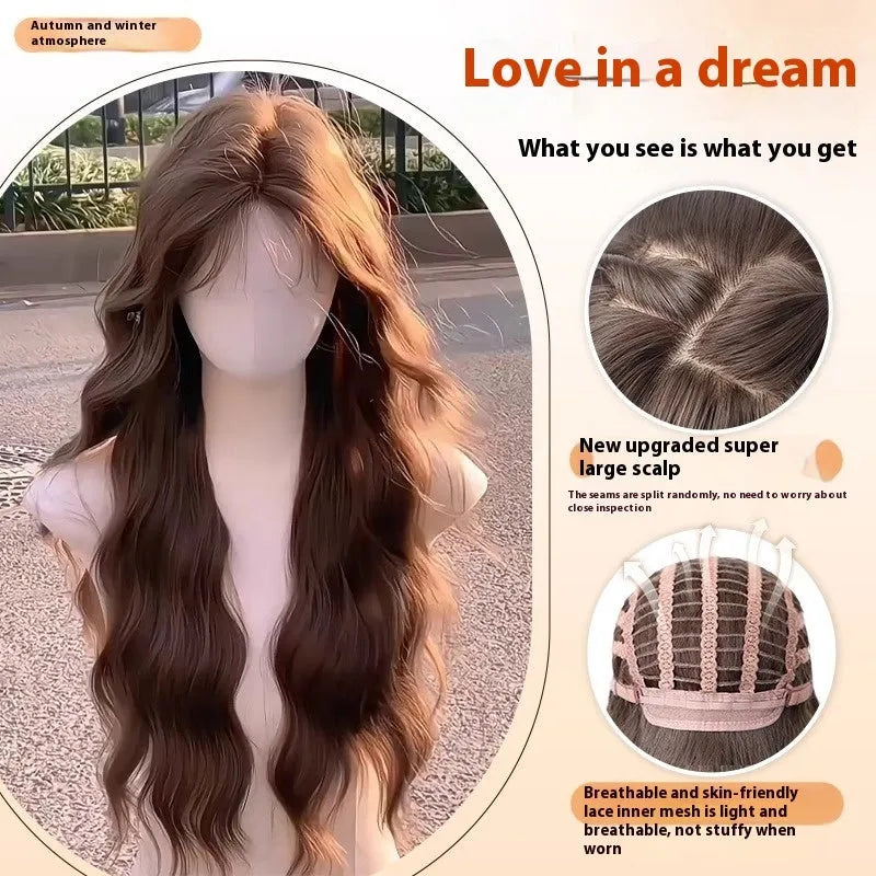 Women's full head wig with long curly artificial hair and side bangs in natural styling