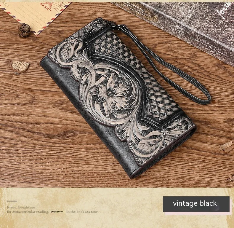 Women's brown tri-fold cowhide wallet with embossed floral pattern, shown open and closed.