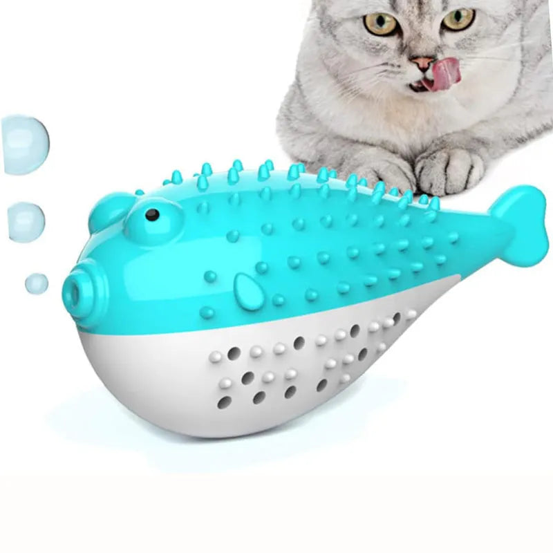 Silicone fish-shaped cat chew toy in blue, green, pink, or yellow colour options
