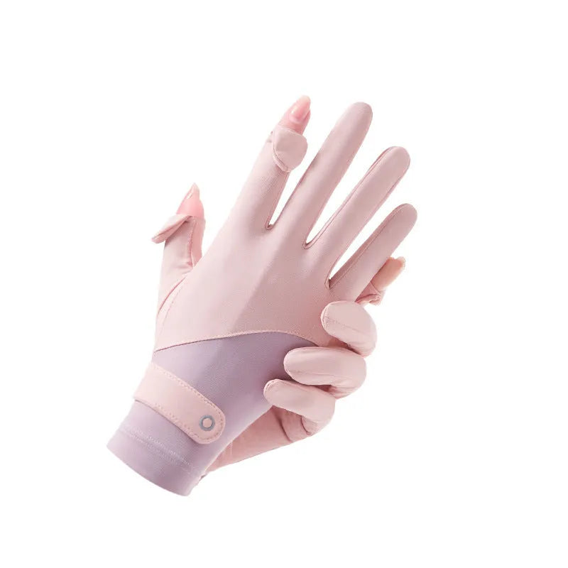 Women's thin ice silk sun gloves in various colours showing UPF50+ protection for driving and cycling.