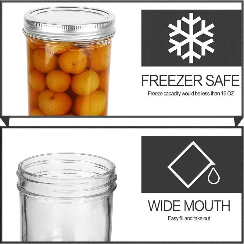 Six 16oz transparent glossy glass wide mouth sealed jars on a table