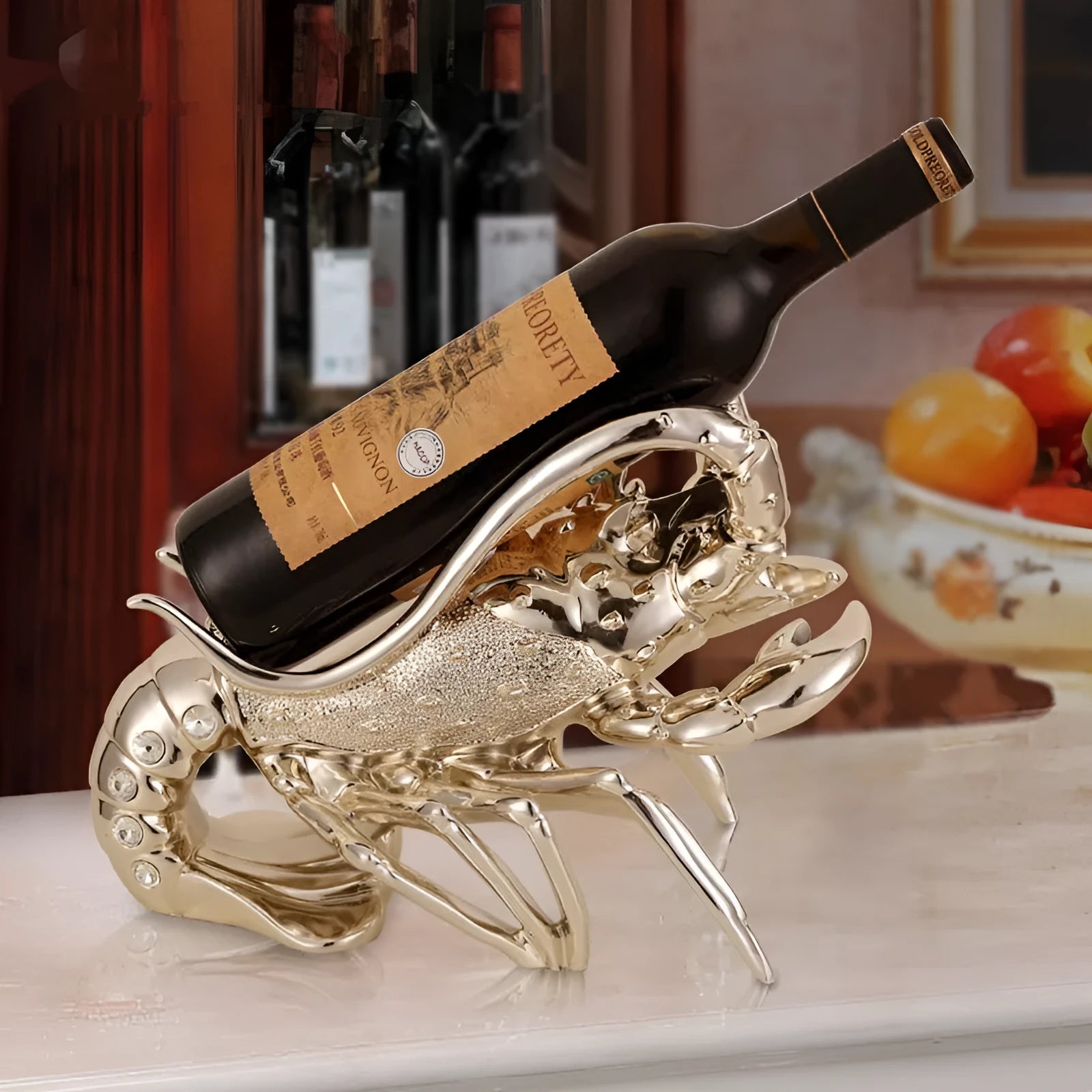 Lobster-shaped wine rack ornament in rose gold or silver metallic finish
