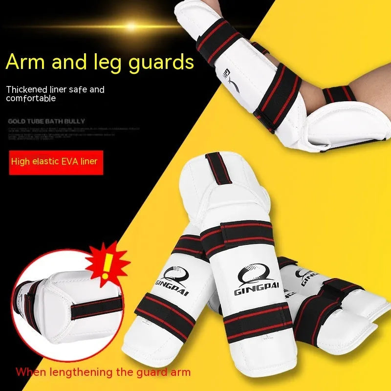 Taekwondo protective gear set showing arm guards, elbow arm guards, and leg protectors in various sizes