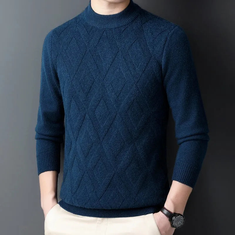 Men's diamond jacquard winter wool sweater in light camel colour, plus size thermal pullover