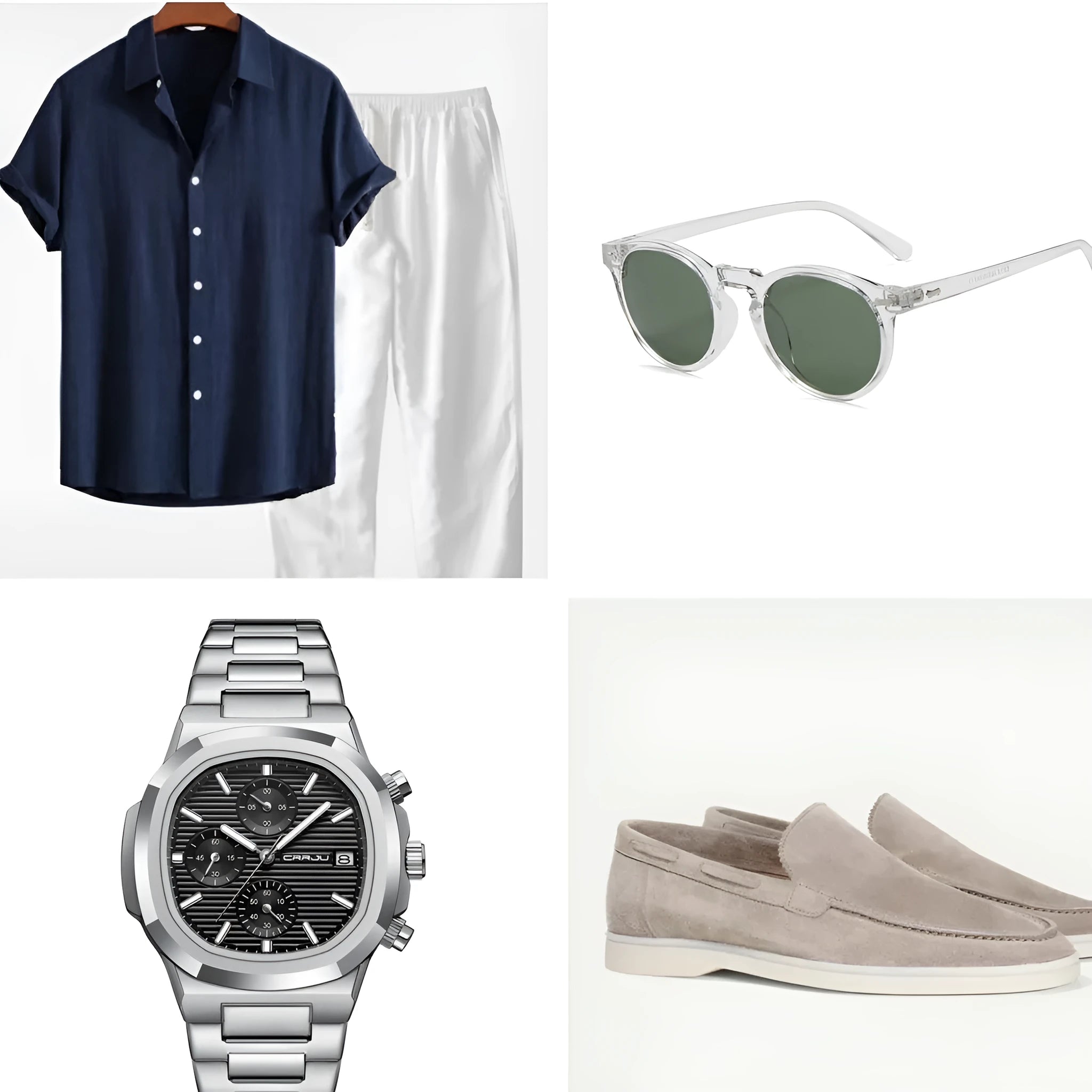 Casual loose short sleeve summer suit in cotton linen blend, shown in navy blue, with trousers.