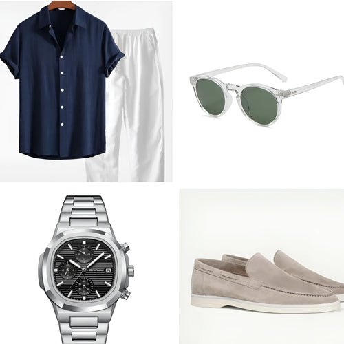 Casual loose short sleeve summer suit in cotton linen blend, shown in navy blue, with trousers.