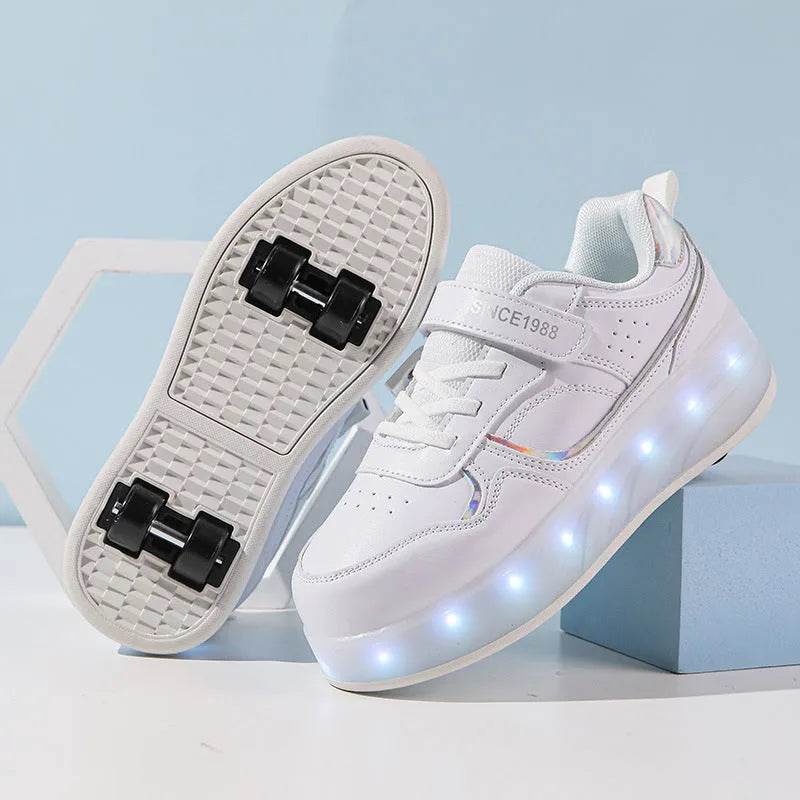 Charging flash roller skates with LED light-up wheels in black, pink, purple and white colour options