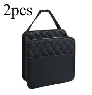 Leather hanging storage bag for car interiors in black colour