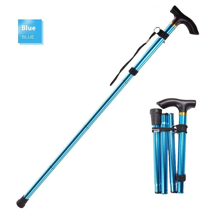 Aluminum folding walking cane extended to show adjustable shaft and rubber tip