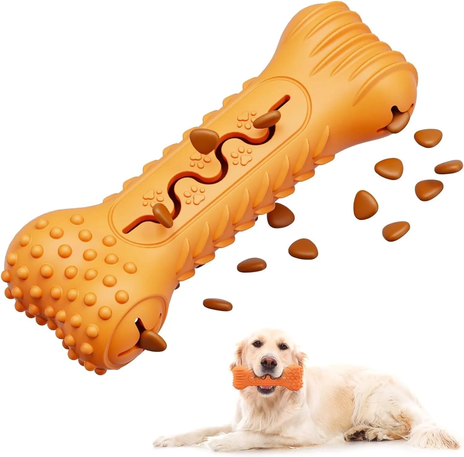 Blue green orange bone-shaped natural rubber dog chew toy for aggressive chewers