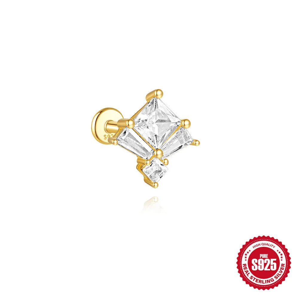 S925 sterling silver zircon stud earrings in golden geometric designs including clover, crown and chain styles