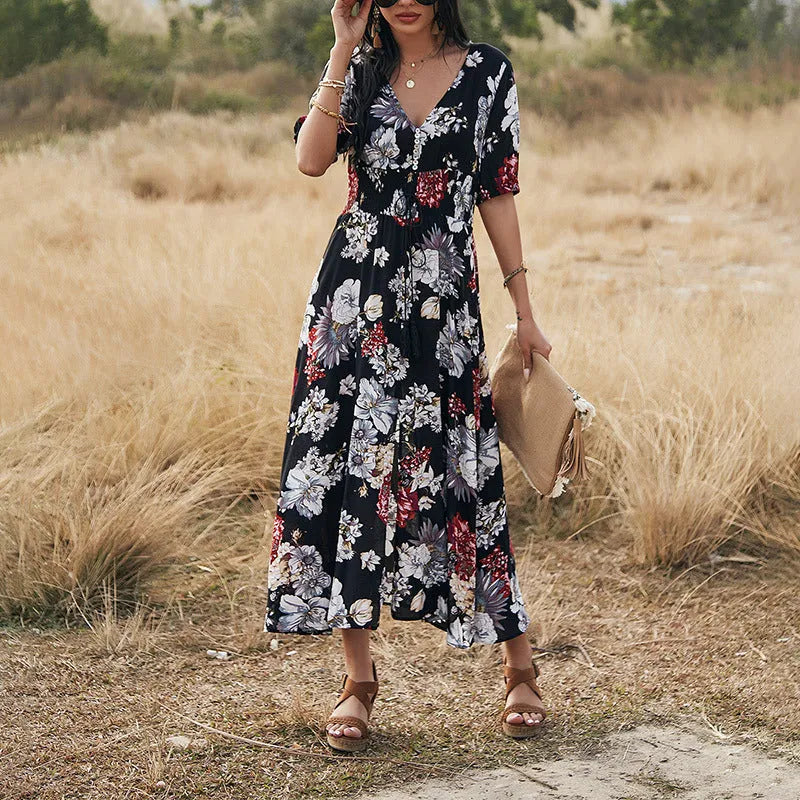 Women's floral summer dress with V neck and elastic waist in yellow colour