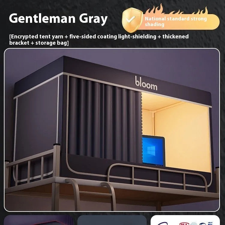 Gentleman grey bed curtains with integrated mosquito net for 0.9m single beds