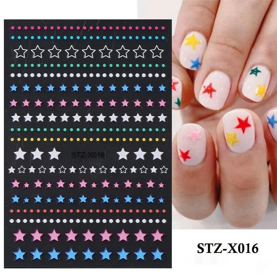 Plastic sheet of black, silver, and cartoon design nail art stickers for DIY manicures.