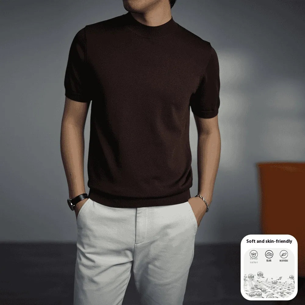Men's knitted round neck T-shirt in a solid colour, showing short sleeves and non-iron finish.
