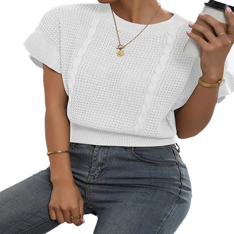 Women's loose fit knitted pullover with ruffled short sleeves and twisted string texture
