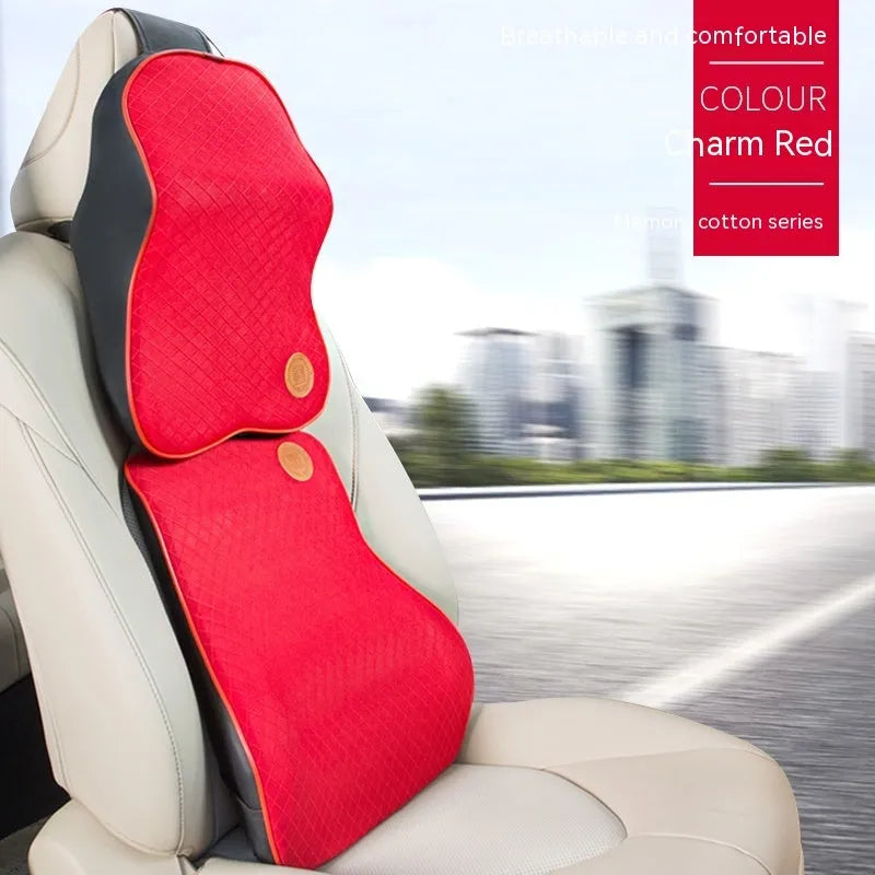 Black and brown memory foam car headrest pillow and lumbar support cushion set on a car seat.