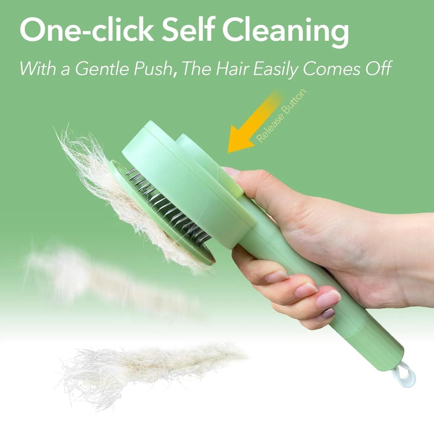 Green and yellow pet grooming brush with stainless steel bristles for cats and dogs