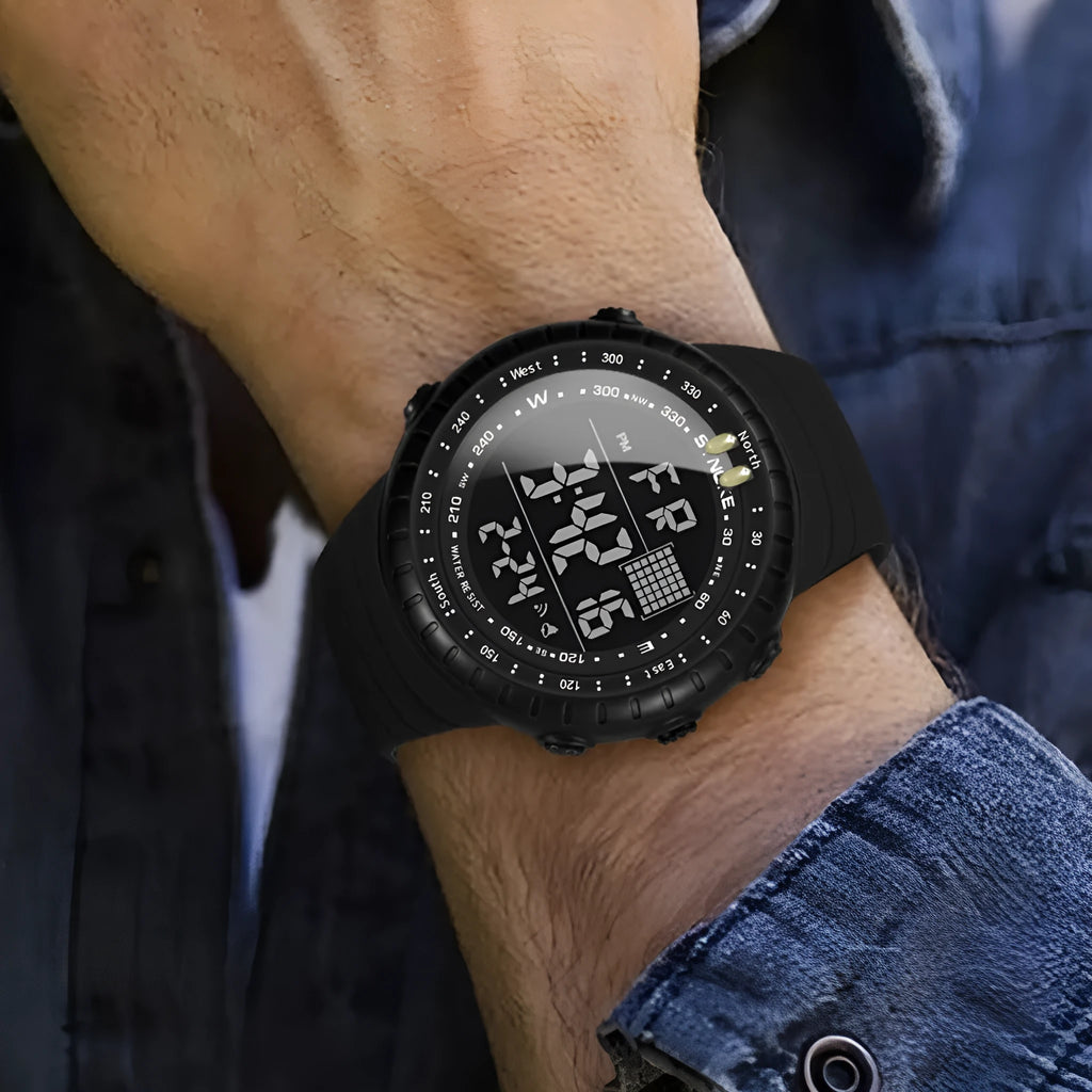 Black waterproof digital watch for men with large 54.74mm dial and PU strap