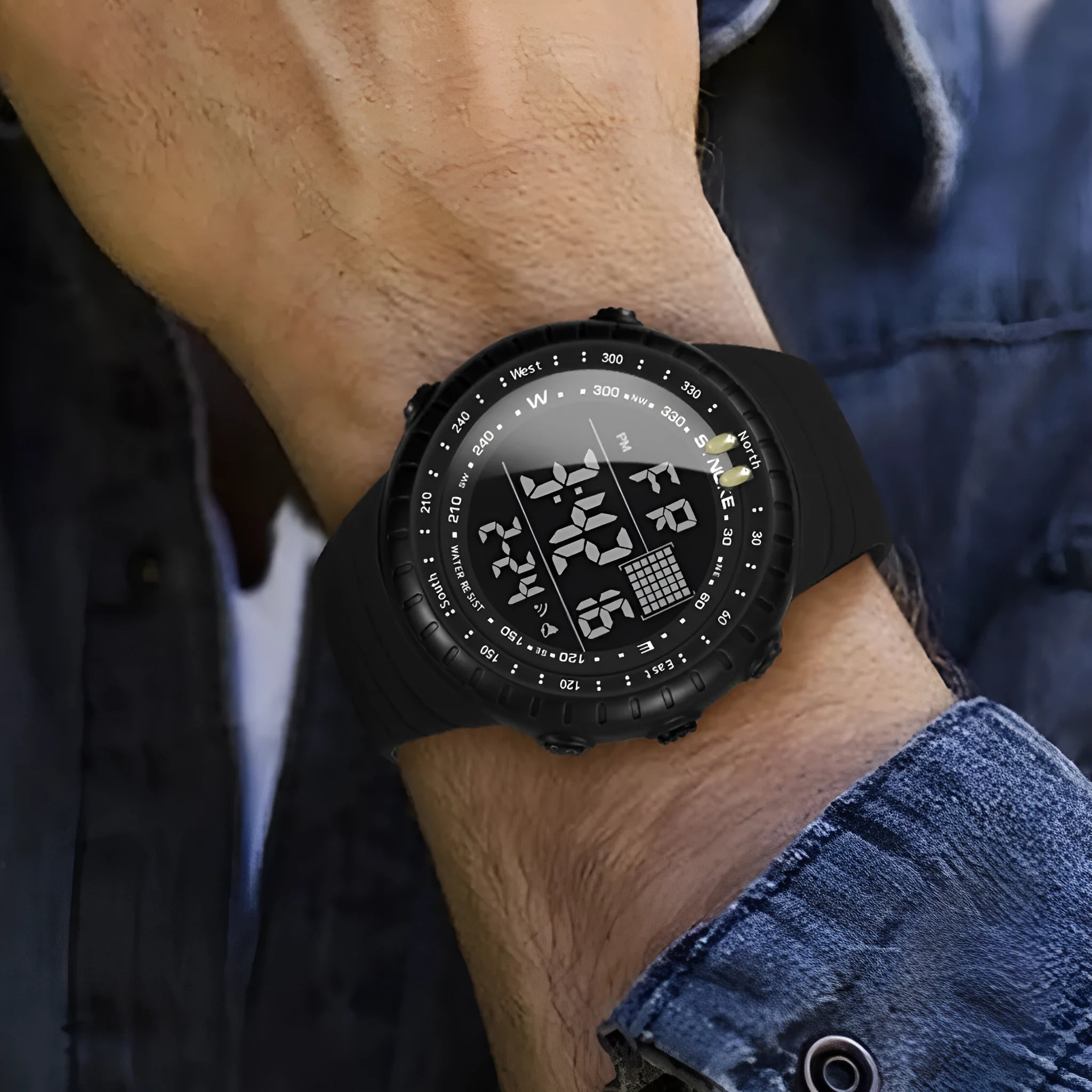 Black waterproof digital watch for men with large 54.74mm dial and PU strap