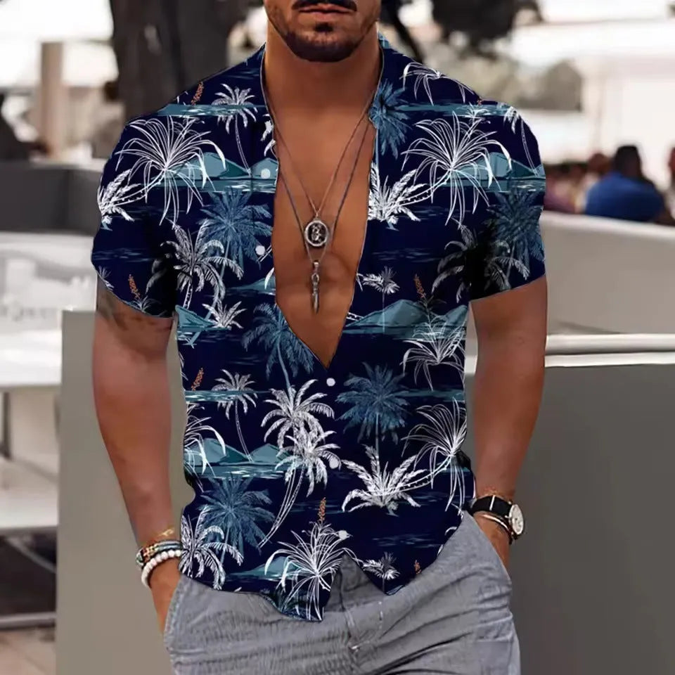 Men's loose floral beach shirt with short sleeves in polyester fabric