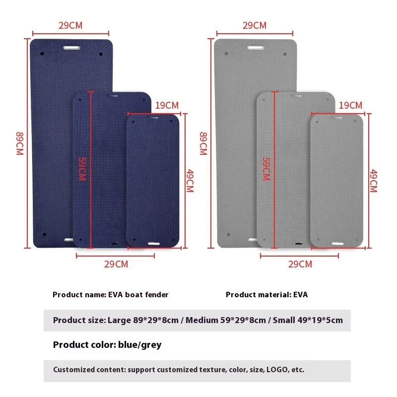 Blue and grey EVA foam boat fender for anti-collision protection during docking.