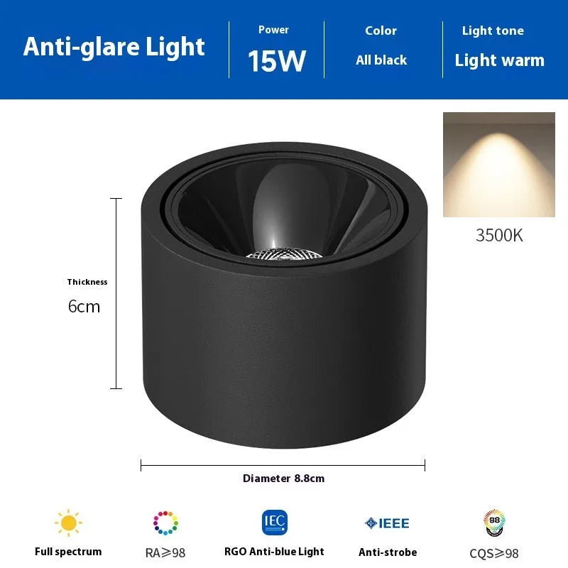 Ultra-thin surface mounted adjustable angle ceiling light aluminium 12W 15W black white finish